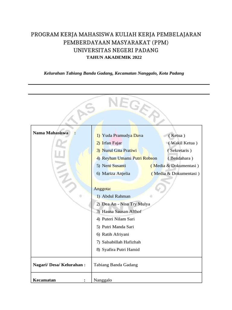 Program Kerja KKN PPM UNP 2022 | PDF