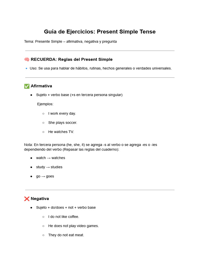 Ejercicios de Presente Simple en Inglés | PDF | Verbo | Asunto (gramática)