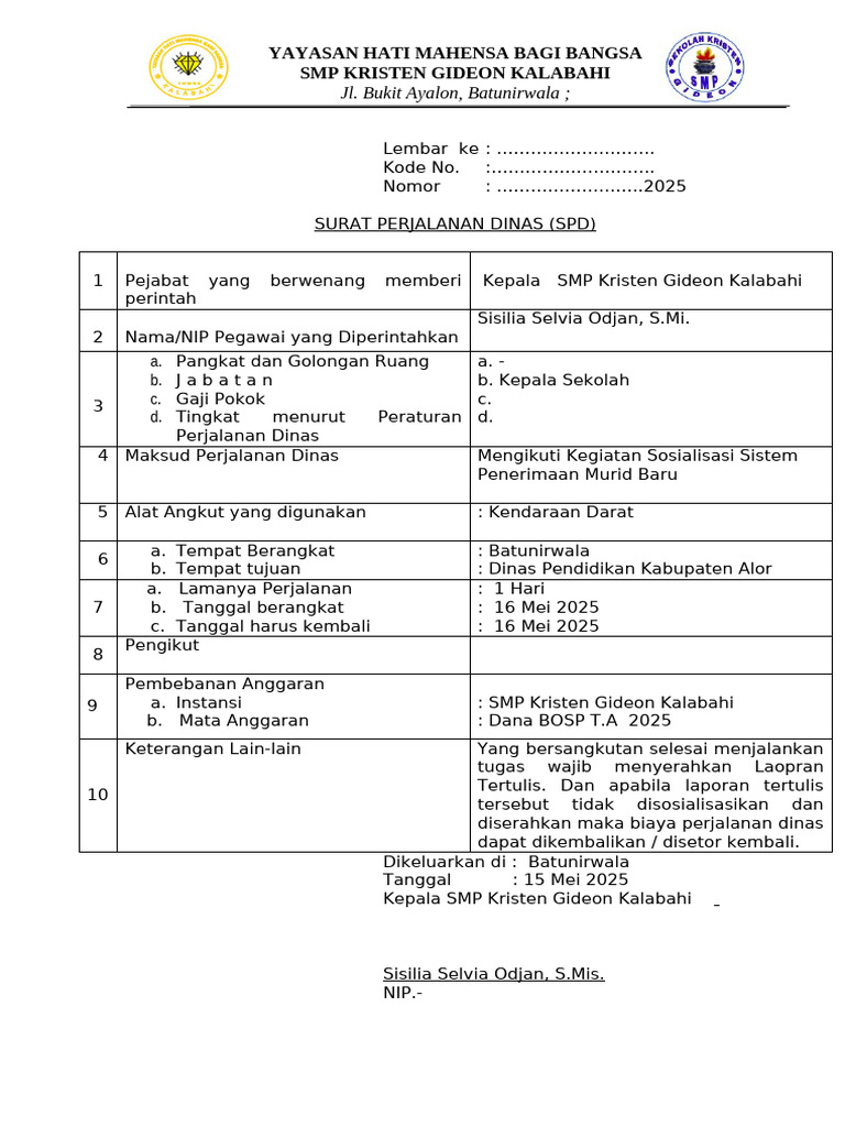 SPD Perjalanan Dinas SMP Kristen Gideon | PDF