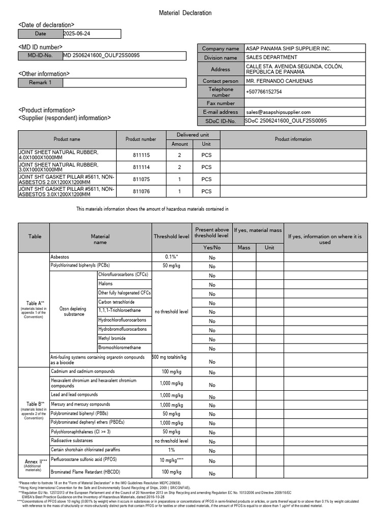 Material Declaration for Ship Supplies | PDF | Chlorofluorocarbon ...