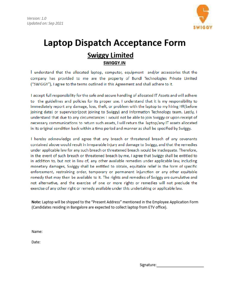 Swiggy Laptop Dispatch Instructions | PDF