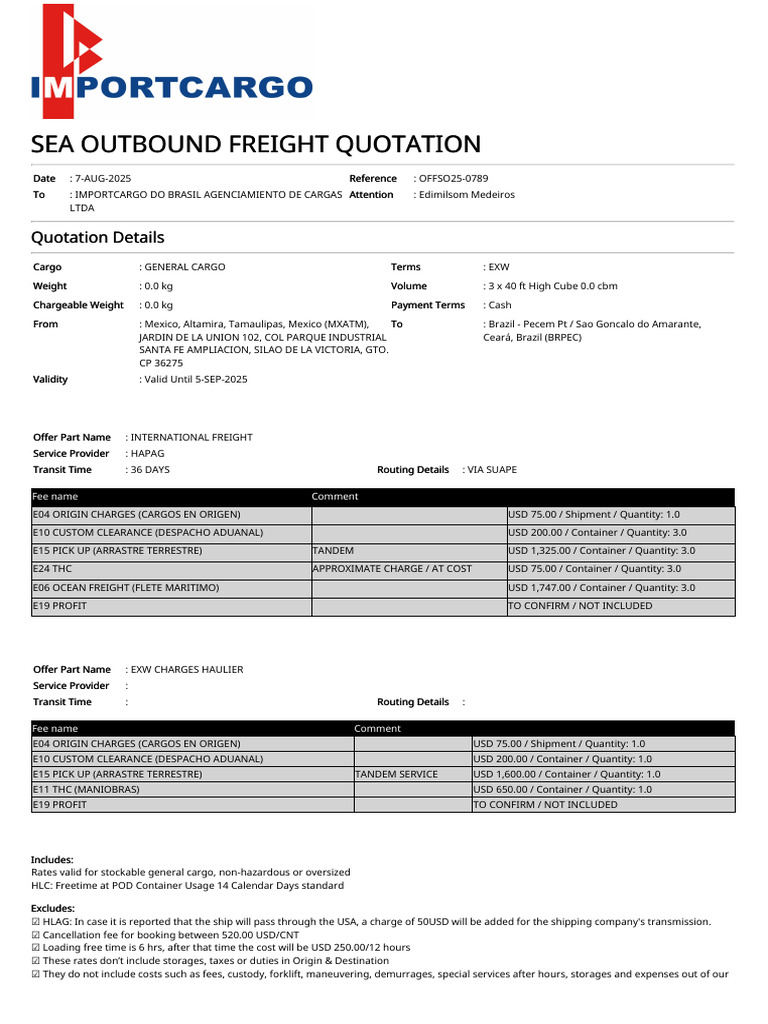 Sea Freight Quotation to Brazil | PDF | Cargo | Supply Chain Management