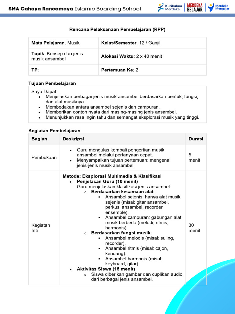 RPP Kelas 12 (Konsep Dan Jenis Musik Ansambel) 2 | PDF