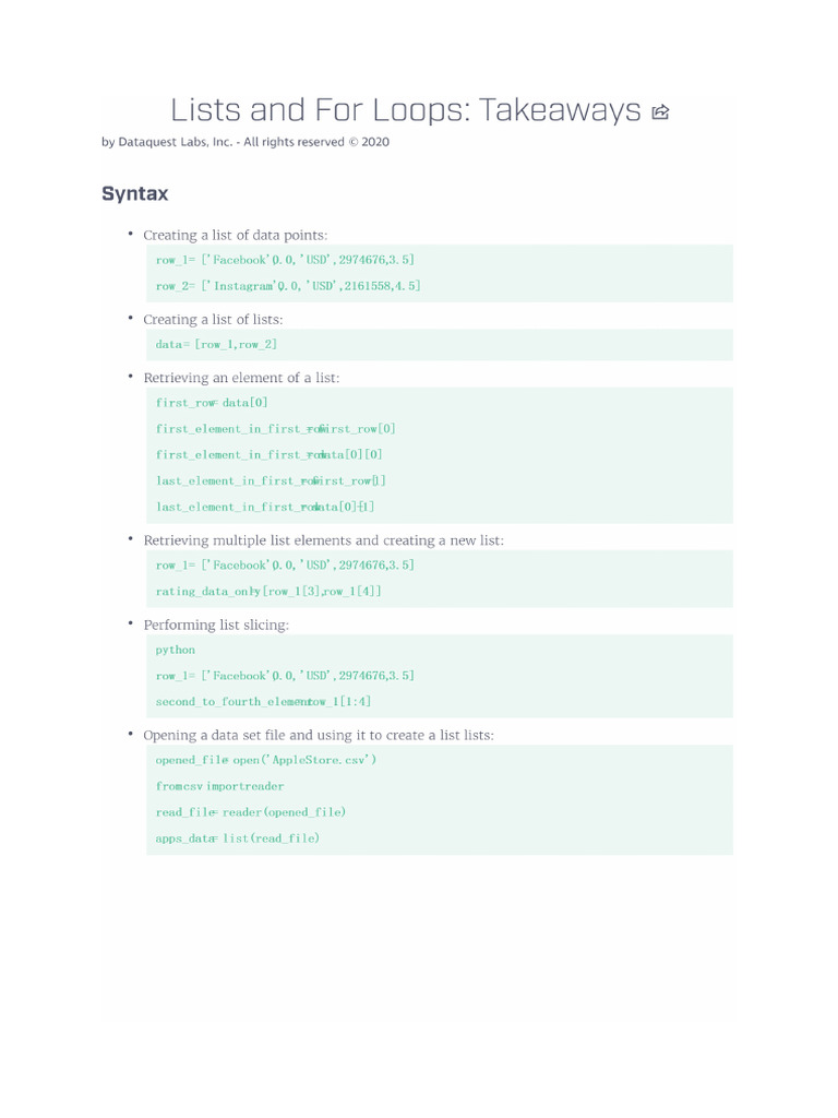 Lists and For Loops Takeaways | PDF