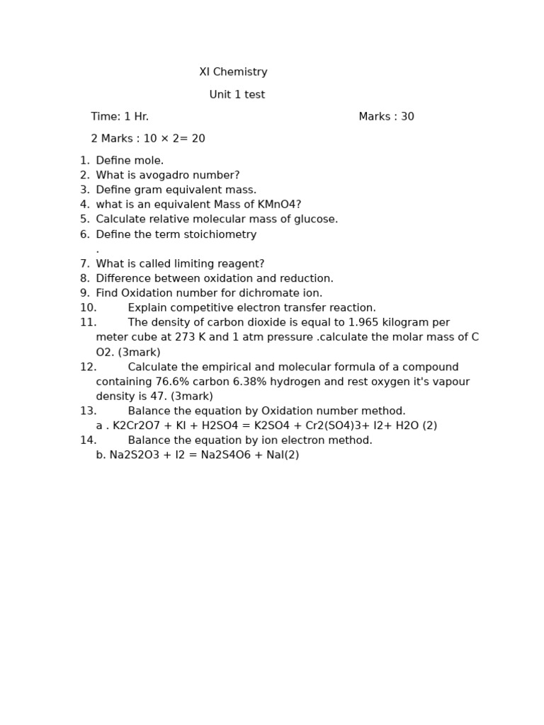 XI Chemistry Unit 1 Test Questions | PDF