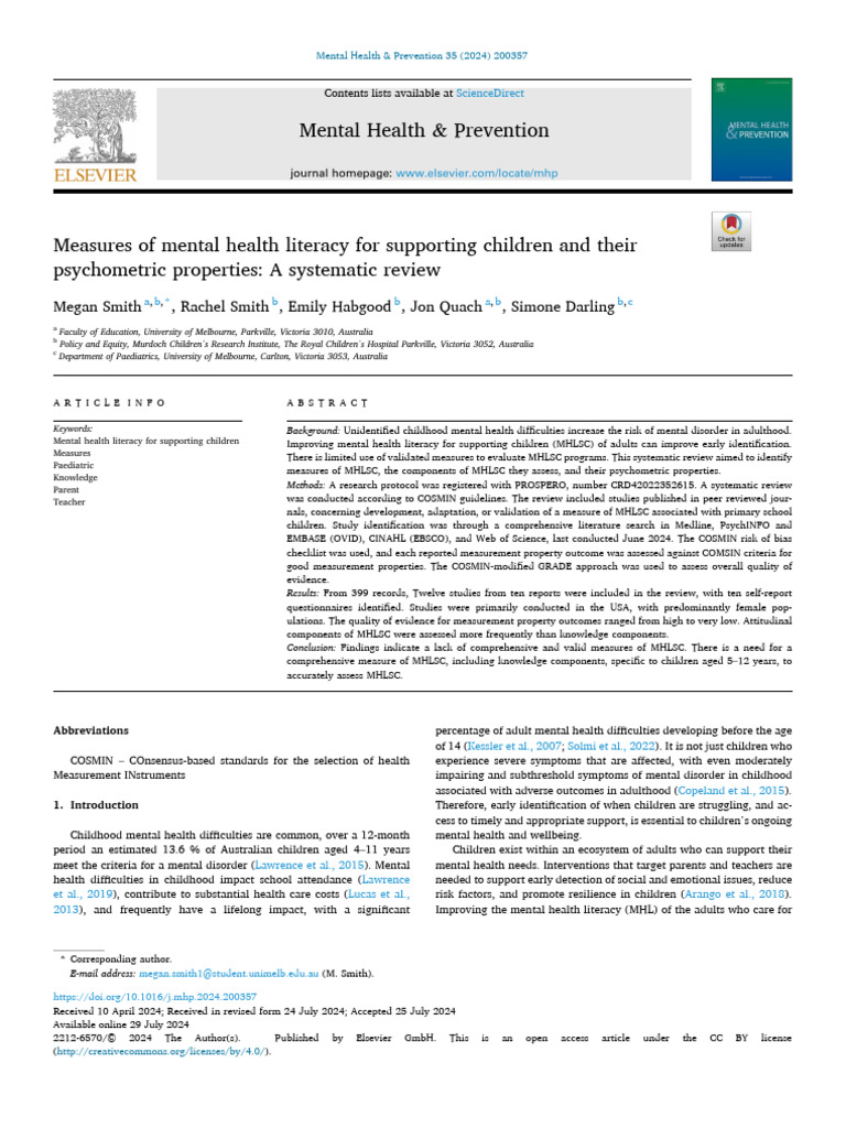 Measures of Mental Health Literacy For Supporting Childre 2024 Mental ...