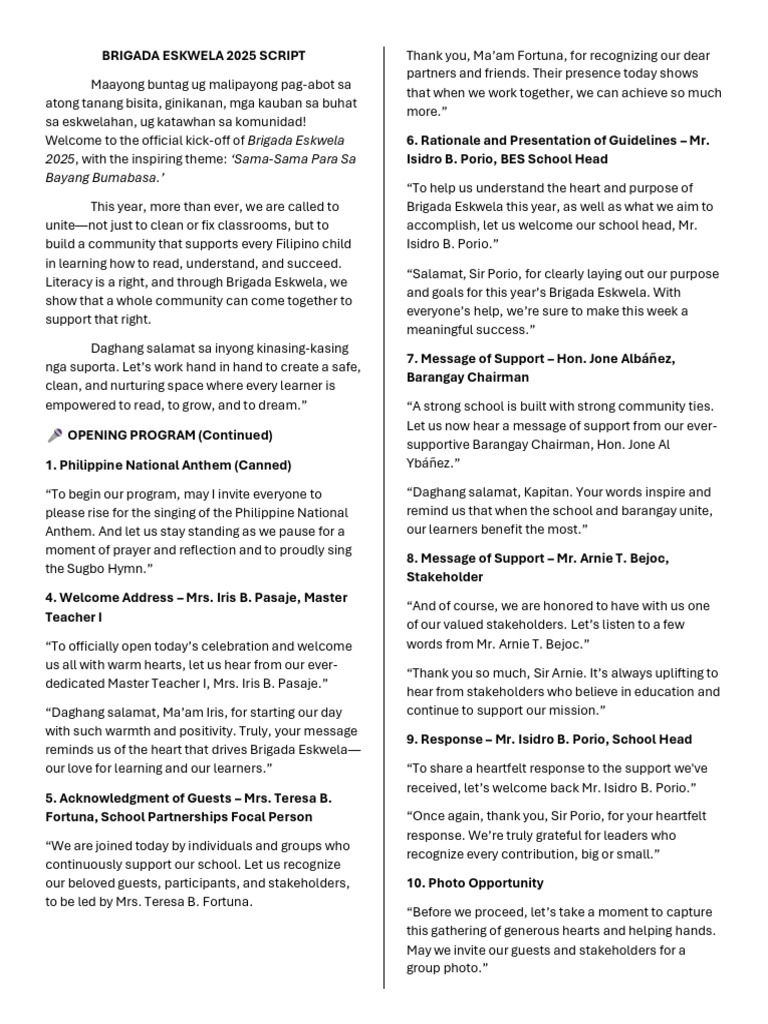 Brigada Eskwela 2025 Kick-off Script | PDF | Learning
