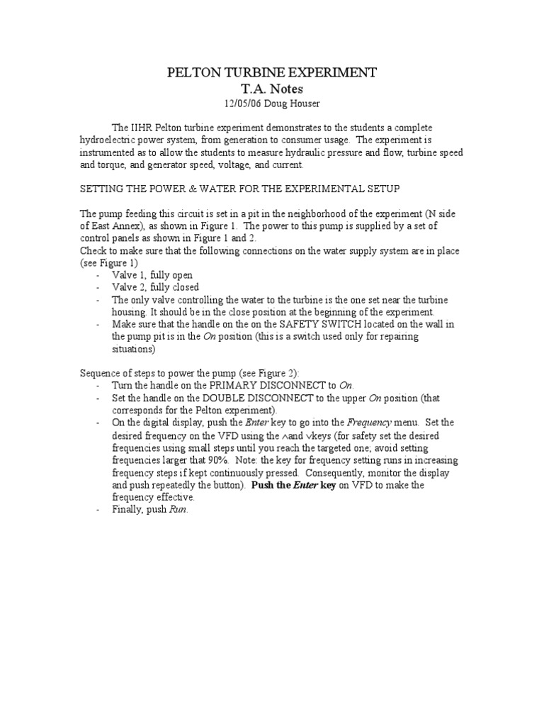 Pelton Turbine Experiment T.A. Notes | PDF | Electric Generator | Turbine