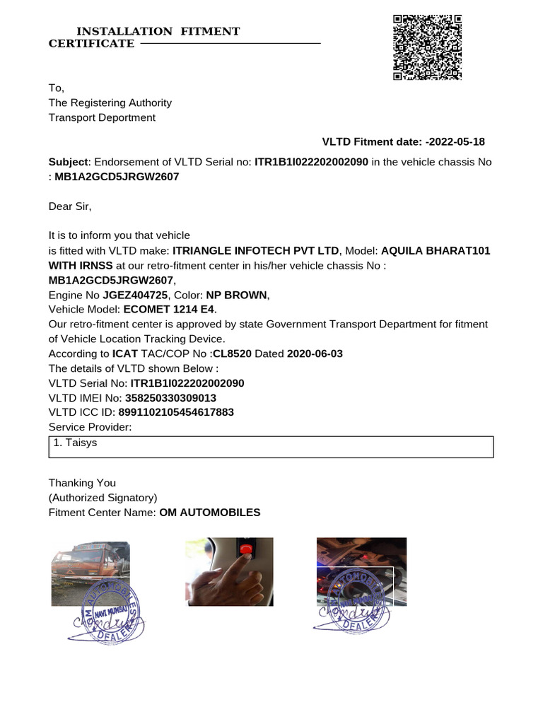 VLTD Fitment Certificate for Vehicle | PDF