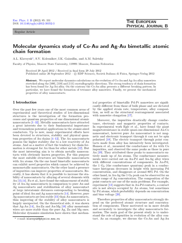 Molecular Dynamics Study of Co-Au and Ag-Au Bimetallic Atomic Chain ...