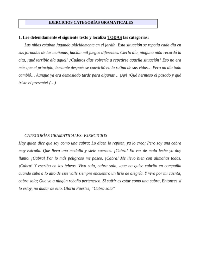Ejercicios de categorías gramaticales | PDF