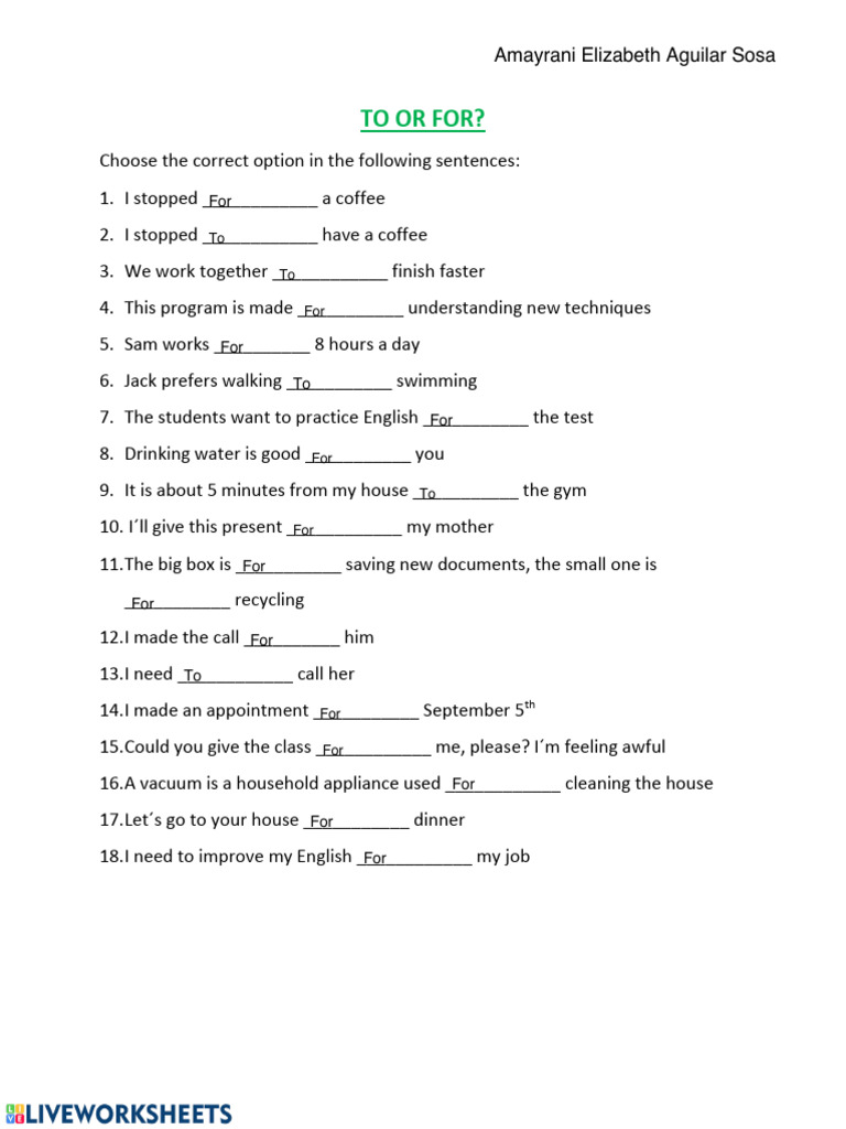 To or For: English Grammar Exercises | PDF