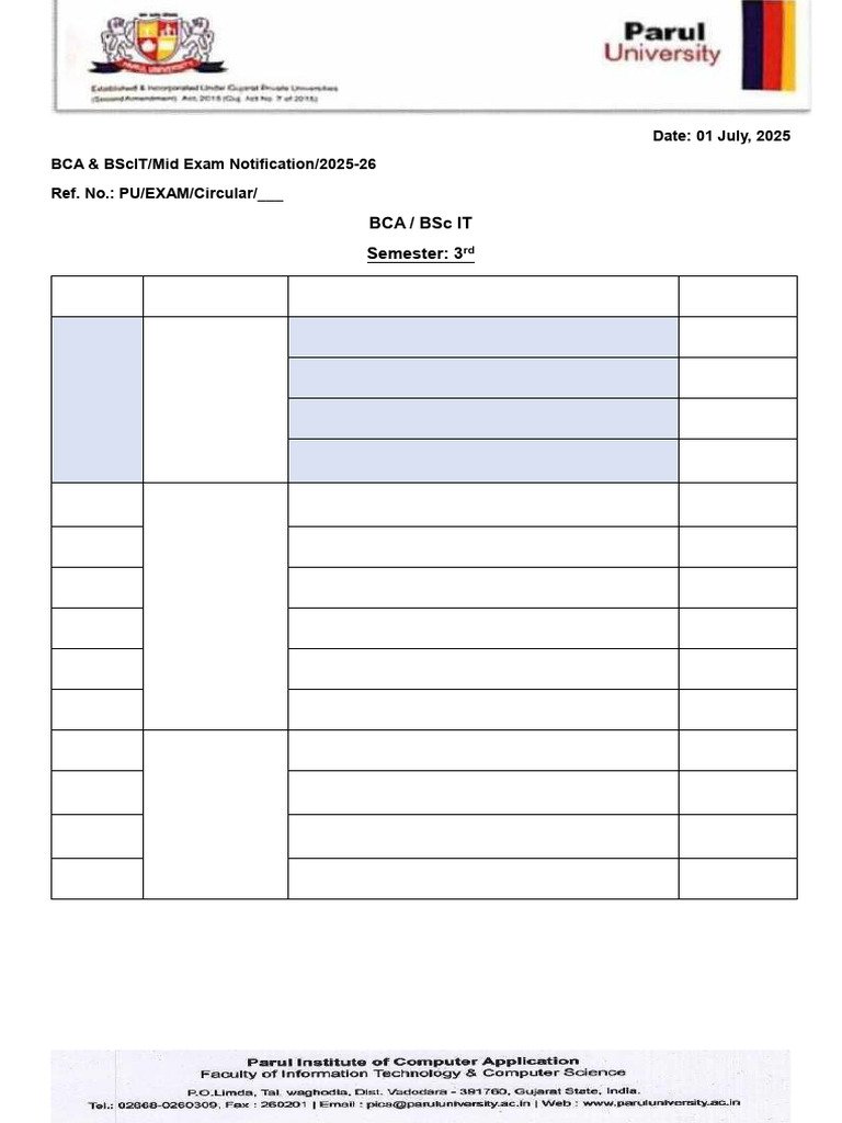 BCA/BSc IT 3rd Semester Exam Schedule 2025 | PDF