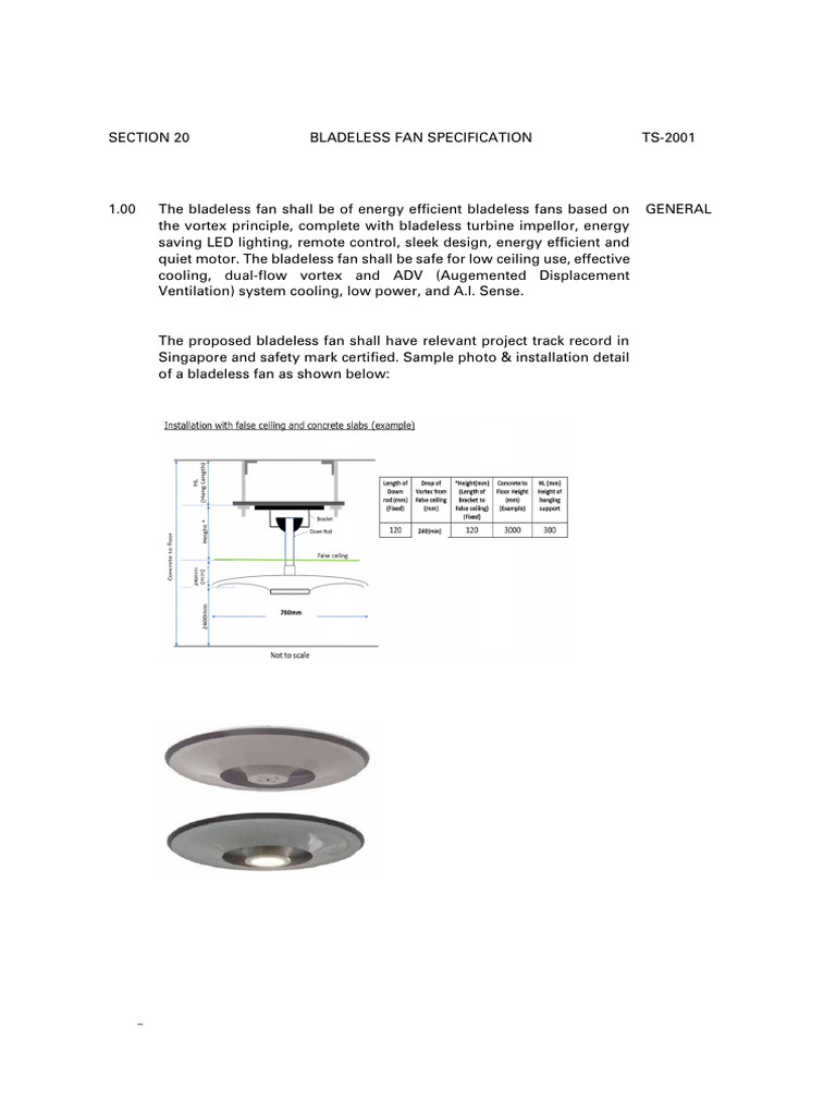 Bladeless Fan Specs for ACMV Installation | PDF