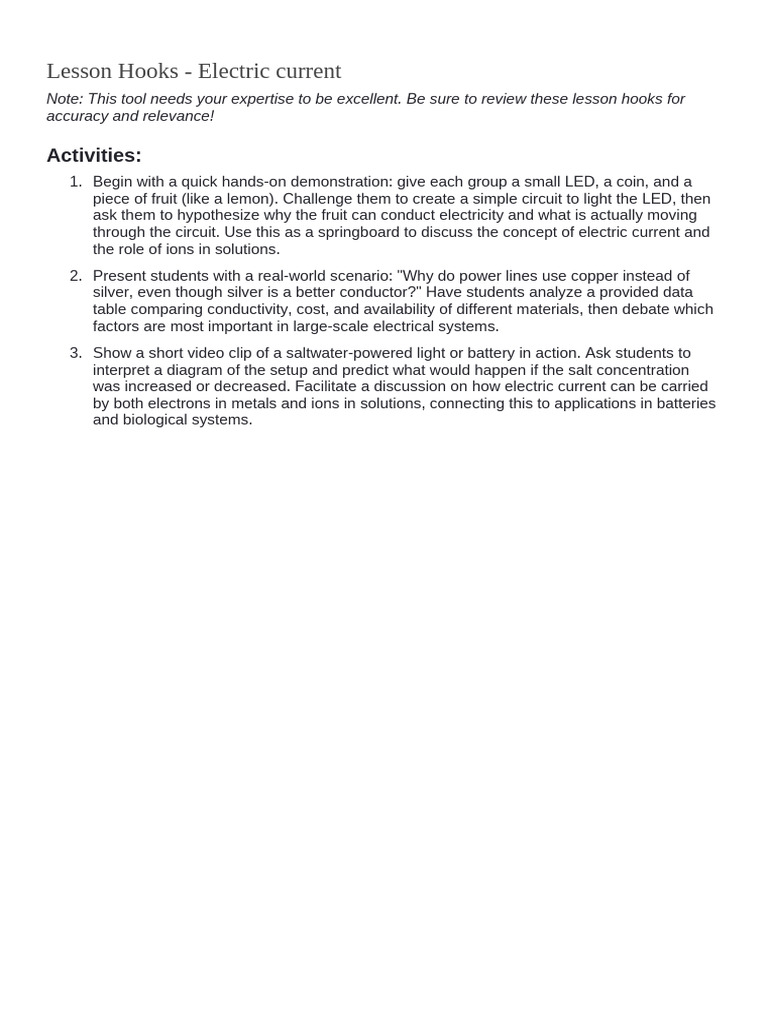 Lesson Hooks - Electric Current | PDF