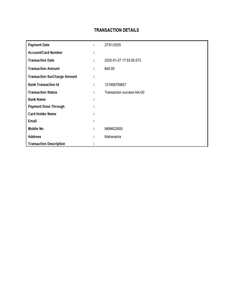 Transaction Details for Payment 27/01/2025 | PDF