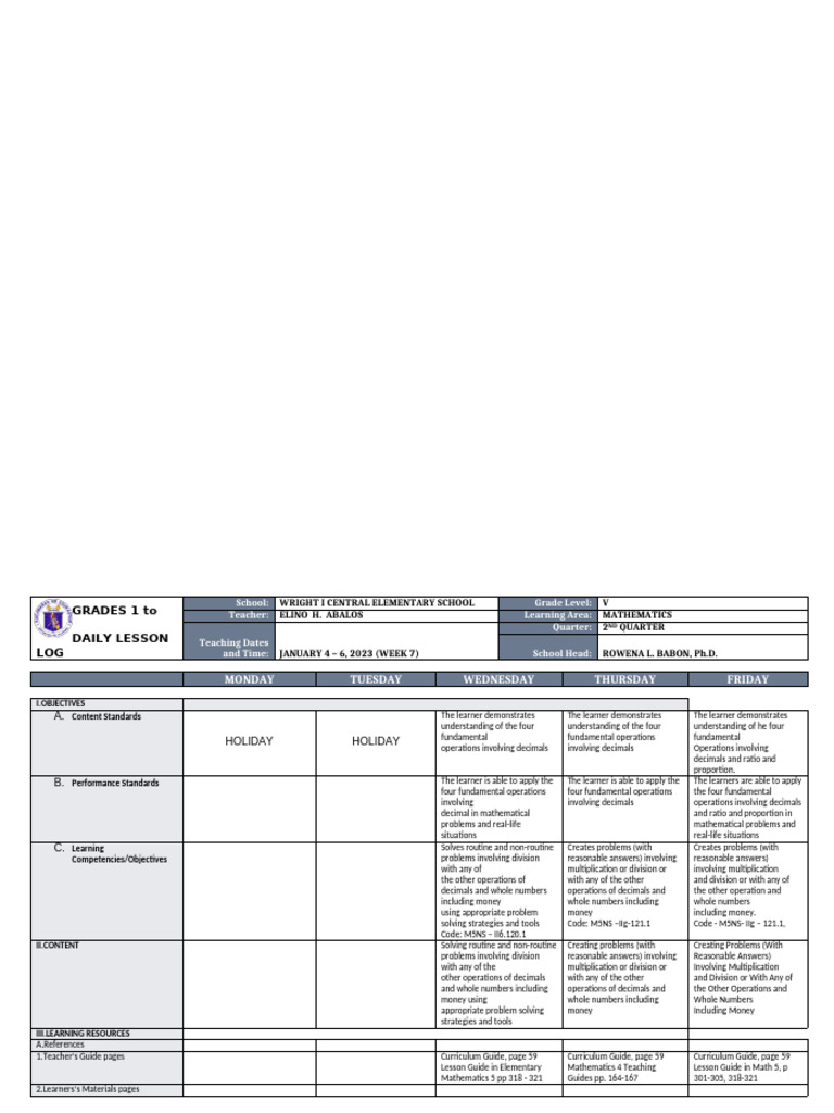 Grade 5 Math Daily Lesson Plan | PDF | Mathematics | Curriculum