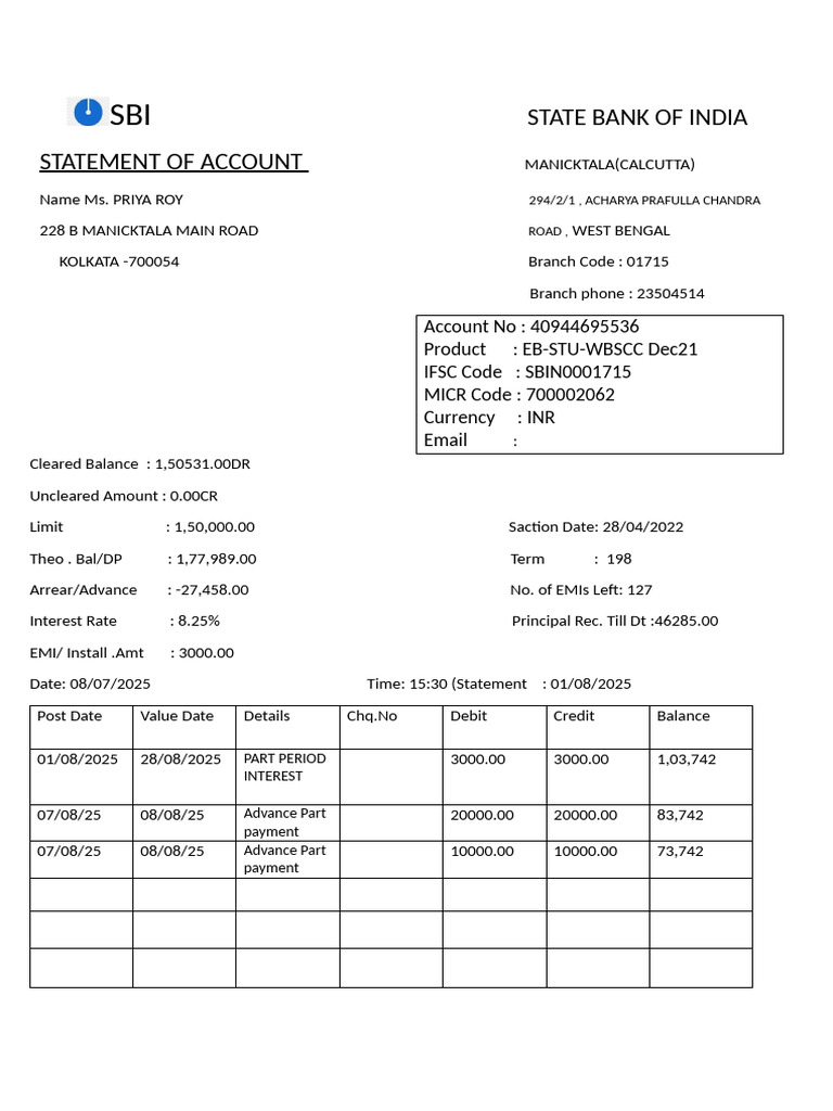 SBI Account Statement for Priya Roy | PDF
