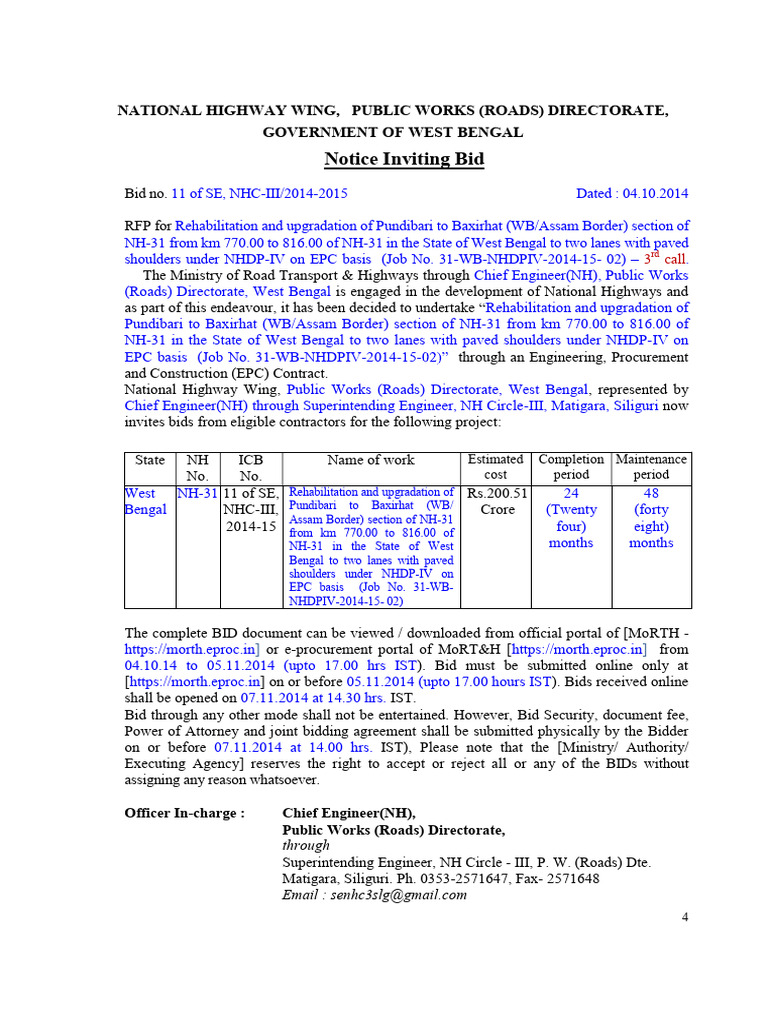 Bid for NH-31 Upgrade in West Bengal | PDF