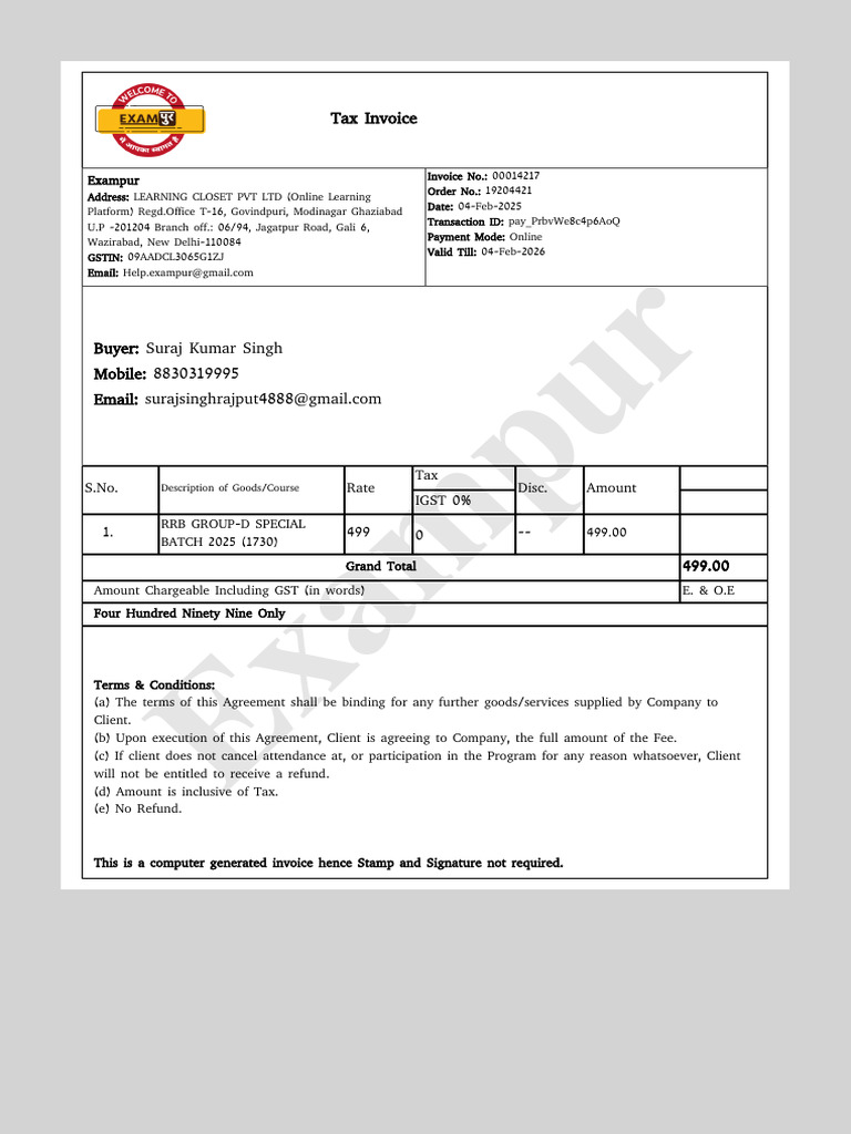 Tax Invoice for RRB Group-D Course | PDF