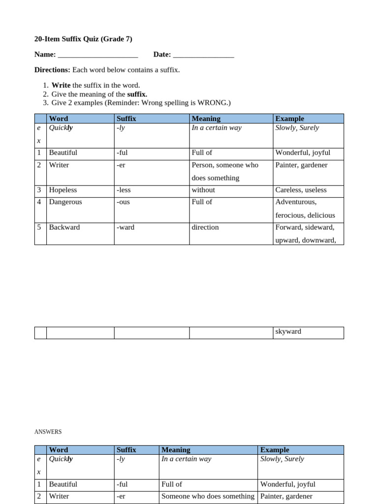 Noun Suffixes Worksheet for Grade 7 | PDF