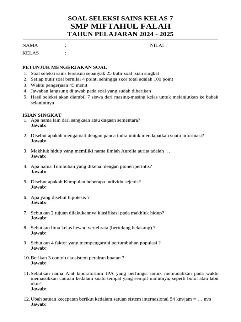 Soal Seleksi Sains Kelas 7 SMP 2024 | PDF