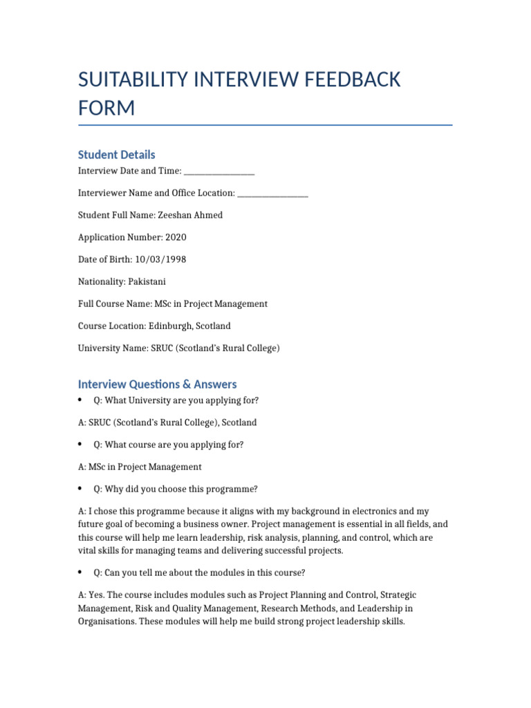 MSc Project Management Interview Feedback | PDF