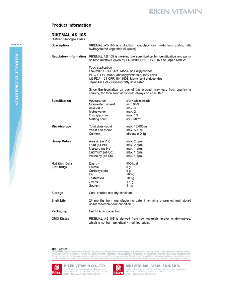 RIKEMAL AS-105 Product Overview | PDF | Fatty Acid | Glycerol