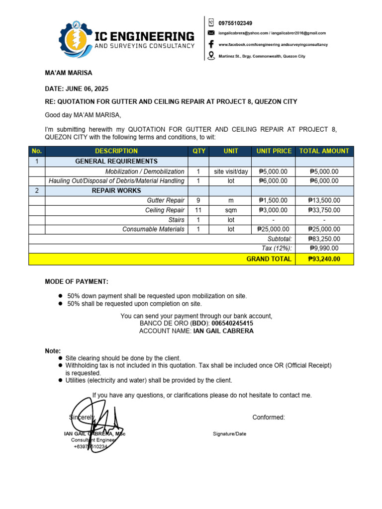 Quotation for Gutter and Ceiling Repair | PDF | Payments