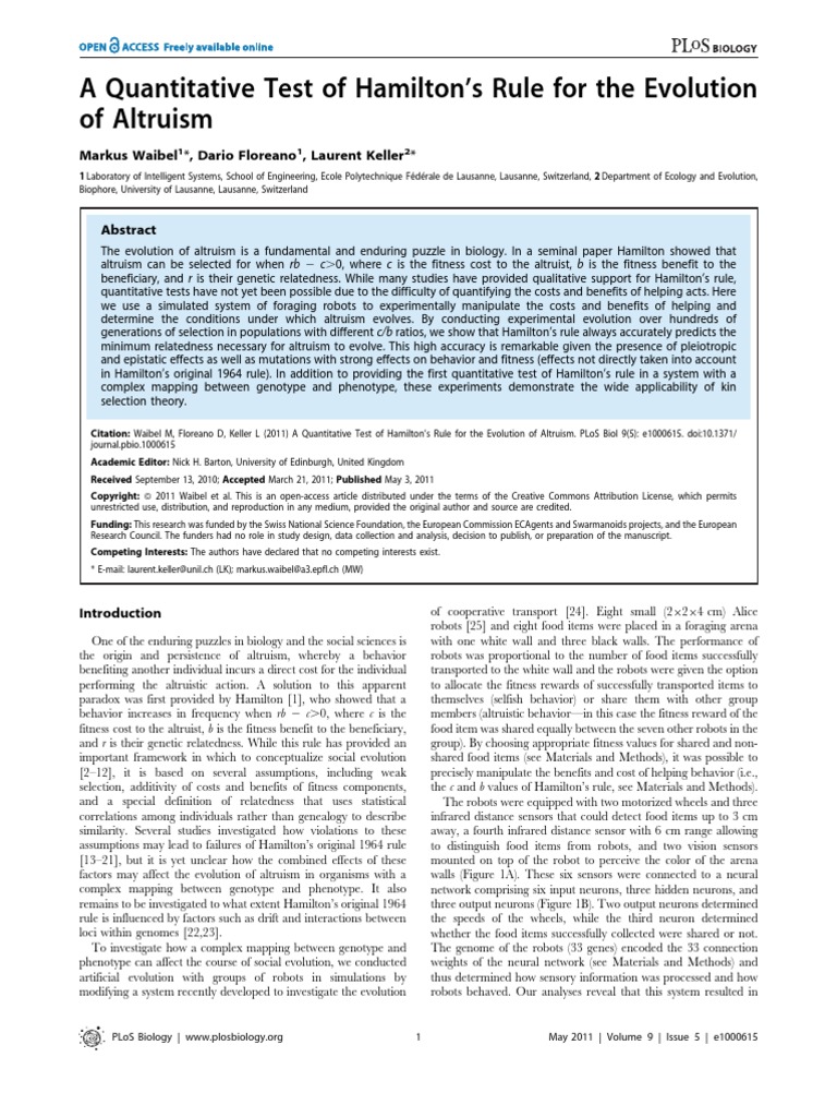 Hamiltons Rule Altruism | PDF