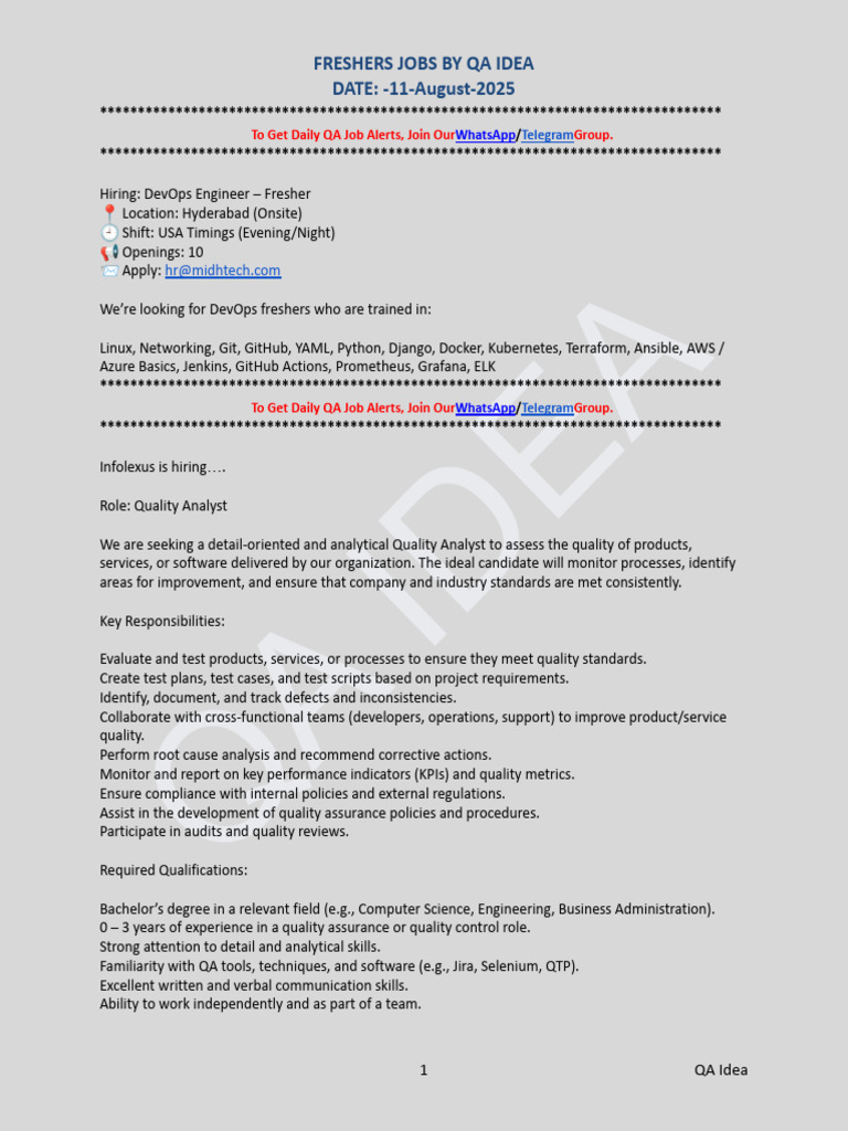 Freshers Job Openings in QA & Tech | PDF | Quality Assurance | Software