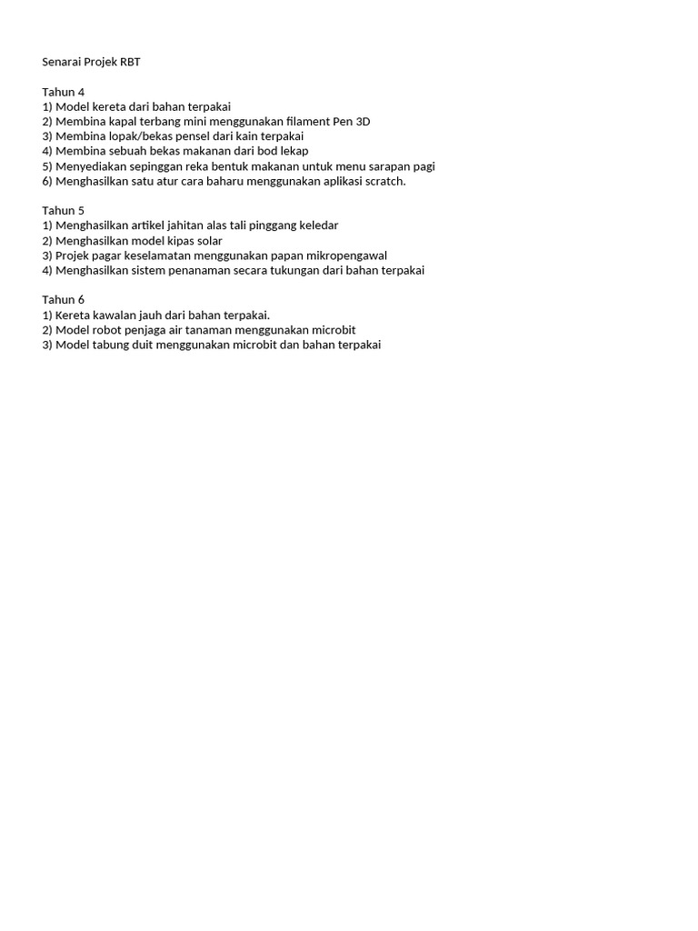 Senarai Projek RBT Sekolah Rendah | PDF