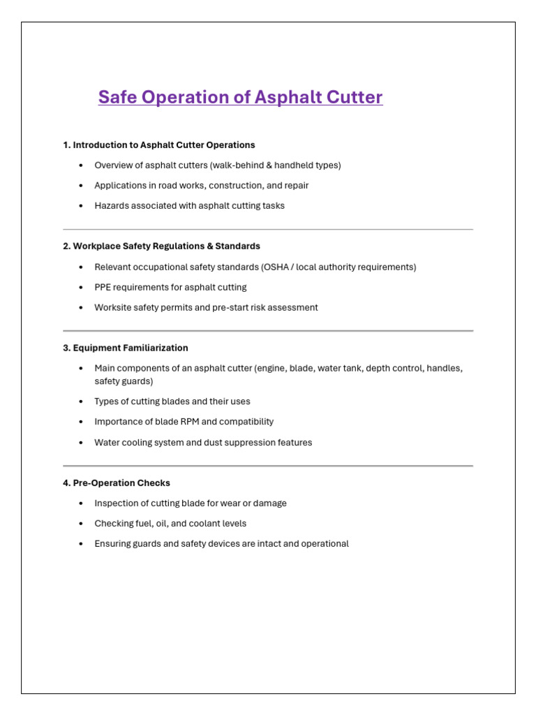 Asphalt Cutter Safety Checklist | PDF | Occupational Safety And Health ...
