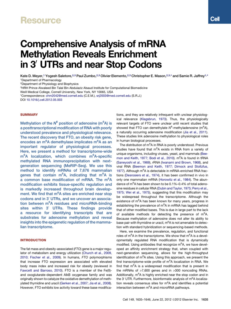 Comprehensive Analysis of MRNA Methylation Reveals Enrichment in 3 UTRs ...