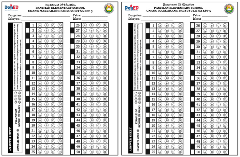 Answer Sheet in Epp | PDF