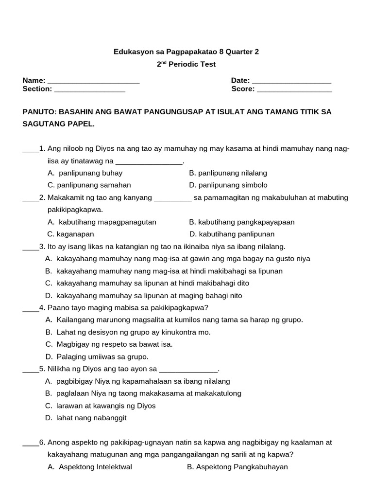 EsP8 Assessment Q2 | PDF