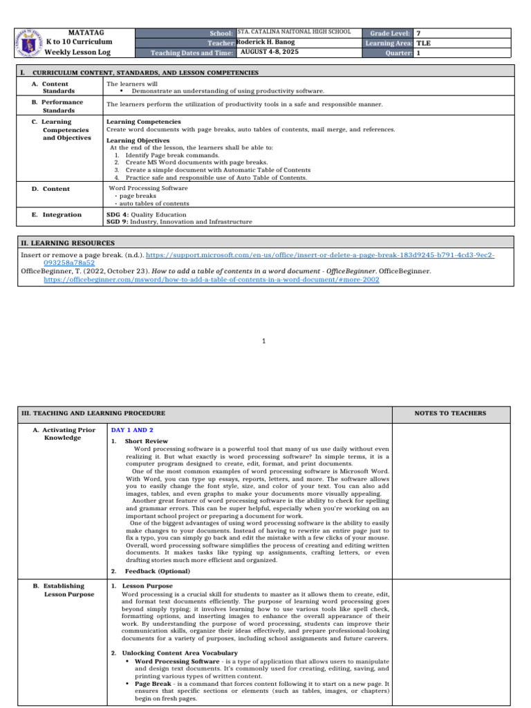 DLL Matatag - Tle 7 q1 w6 | PDF | Paragraph | Table Of Contents