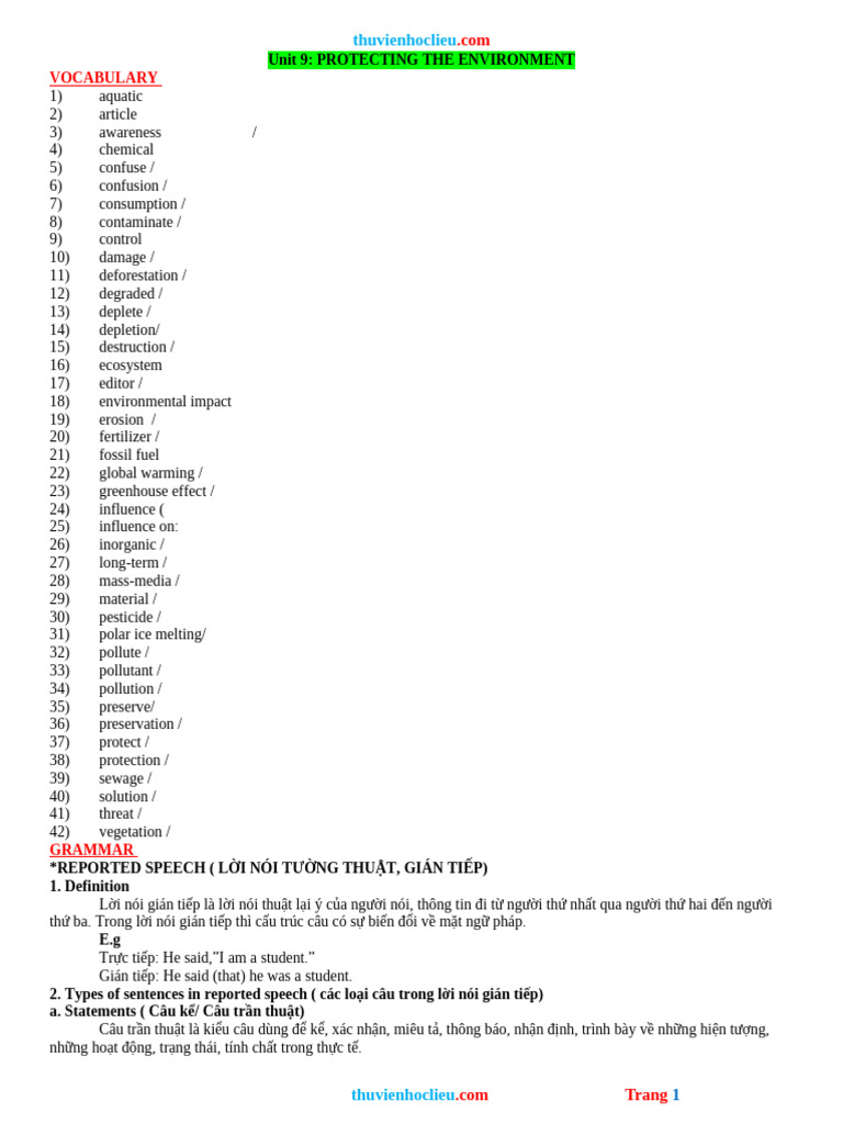 Bai Tap Chuyen Sau Anh 10 Global Unit 9 PROTECTING The ENVIRONMENT | PDF