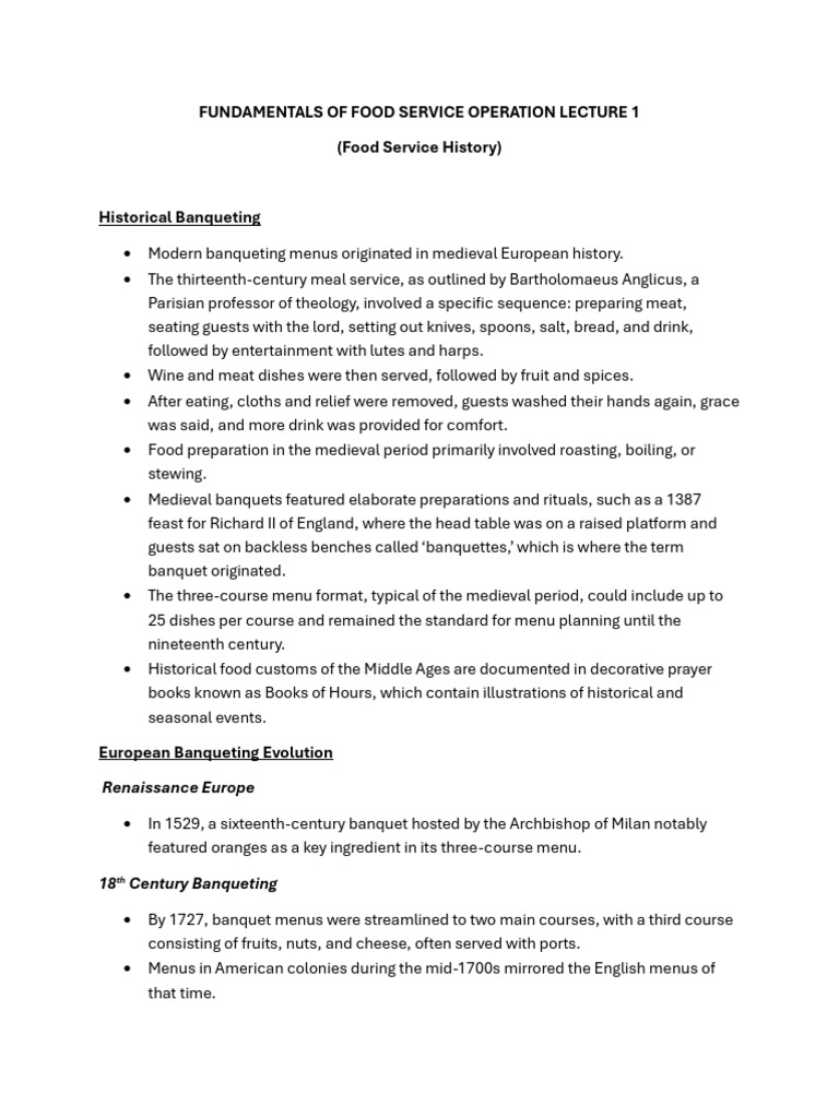 Food Service Operations History Overview | PDF | Restaurants | Menu