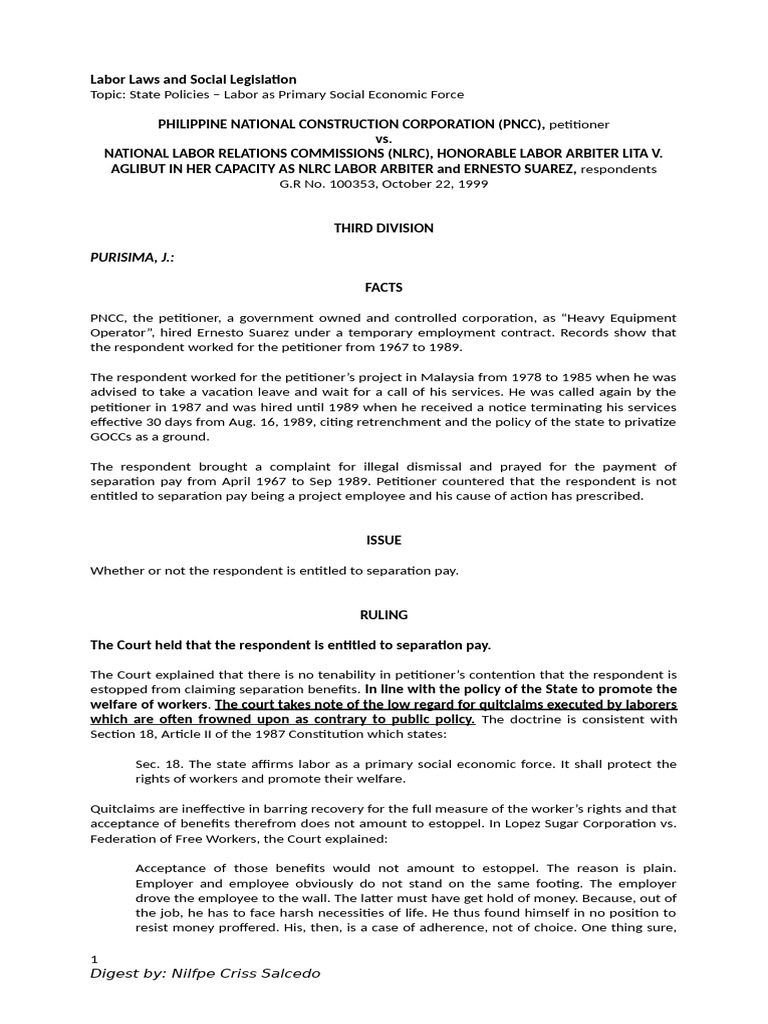 Separation Pay Entitlement in Labor Law | PDF | Employment | Labor ...