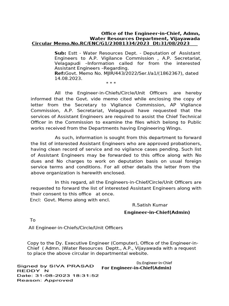 Deputation of Assistant Engineers to A.P. Vigilance | PDF