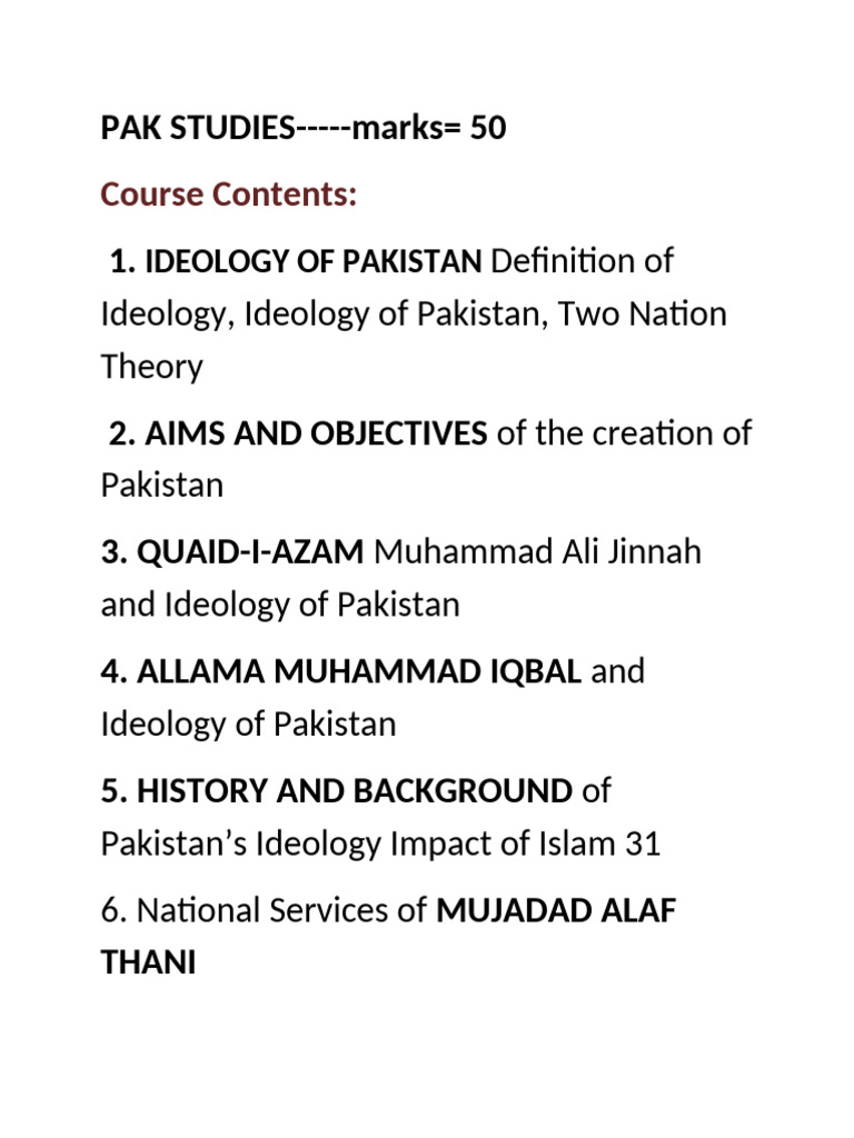 Course Contents | PDF | Two Nation Theory | Pakistan
