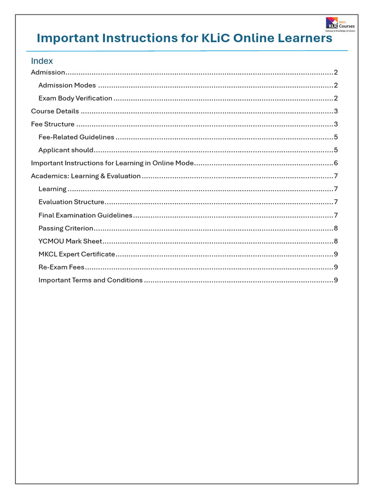 KLiC Course Fee Structure Overview | PDF | Identity Document