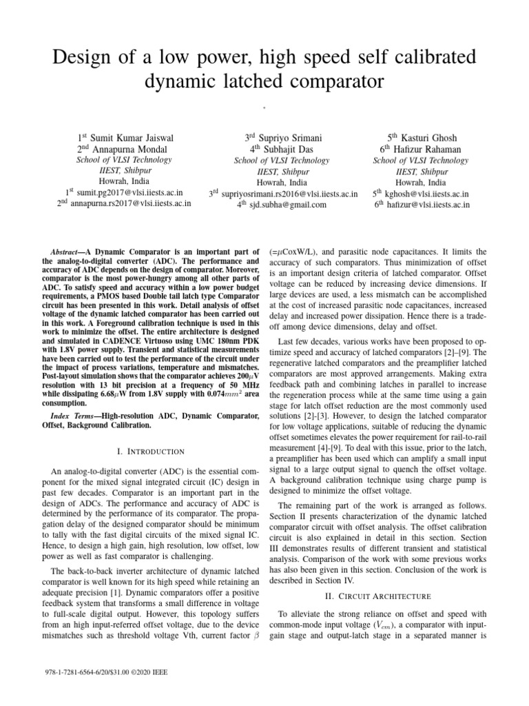 Design of A Low Power High Speed Self Calibrated Dynamic Latched ...