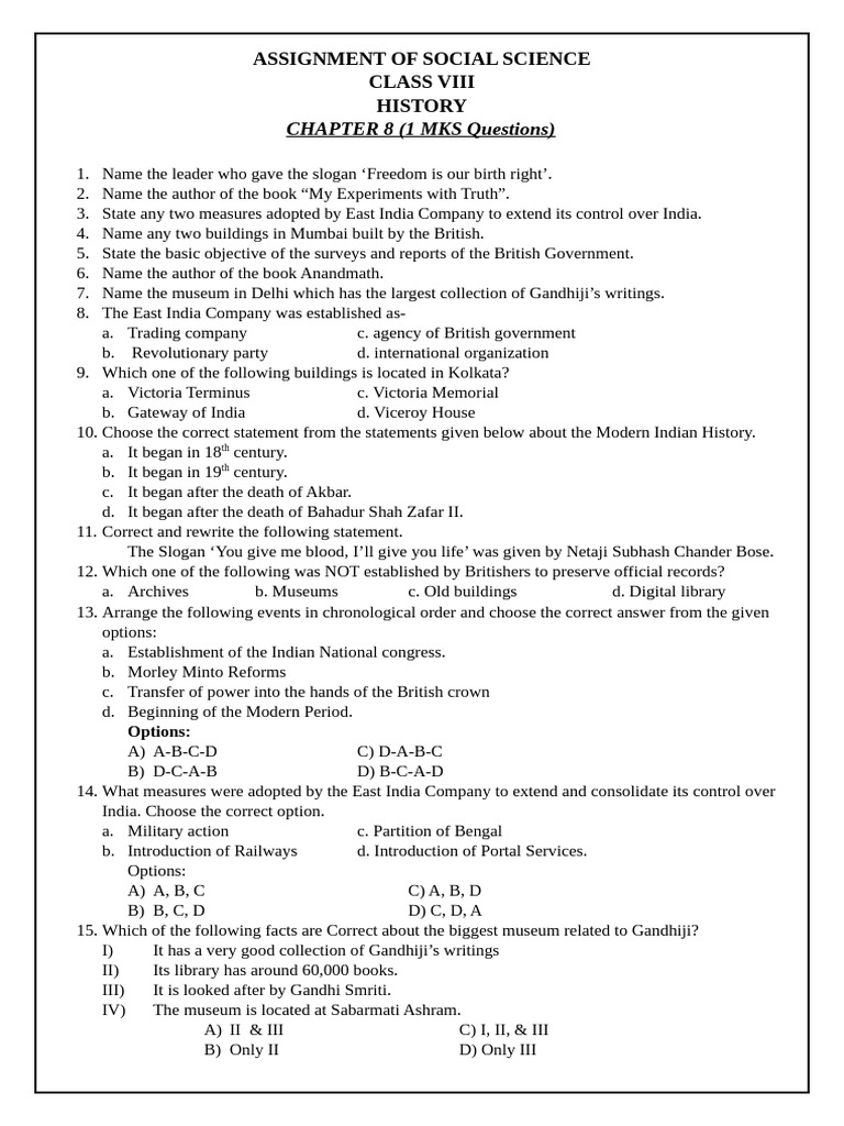 ASSIGNMENT OF L - 8 Class 9th | PDF | British Raj