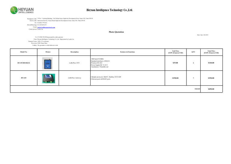 Heyuan Intelligence Tech Quotation | PDF | Telecommunications Standards ...