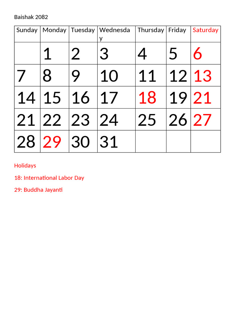 Baishak 2082 Nepali Calendar Overview | PDF | Observances | Religious ...