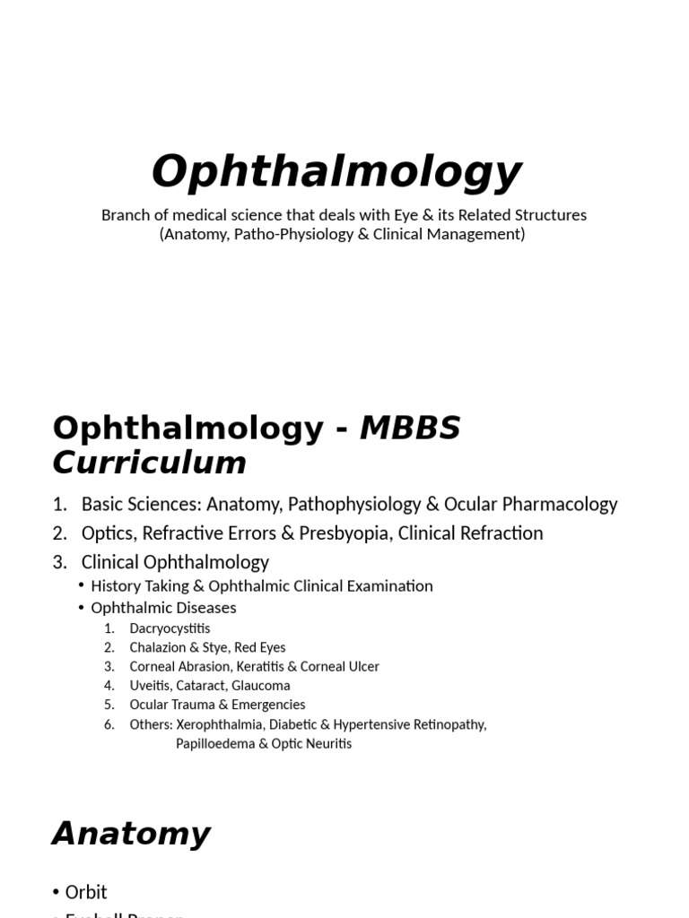 Ophthalmology Overview for MBBS Students | PDF | Cornea | Human Eye
