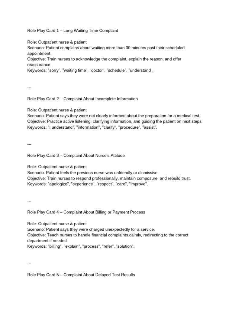 Nurse Roleplay: Handling Patient Complaints | PDF