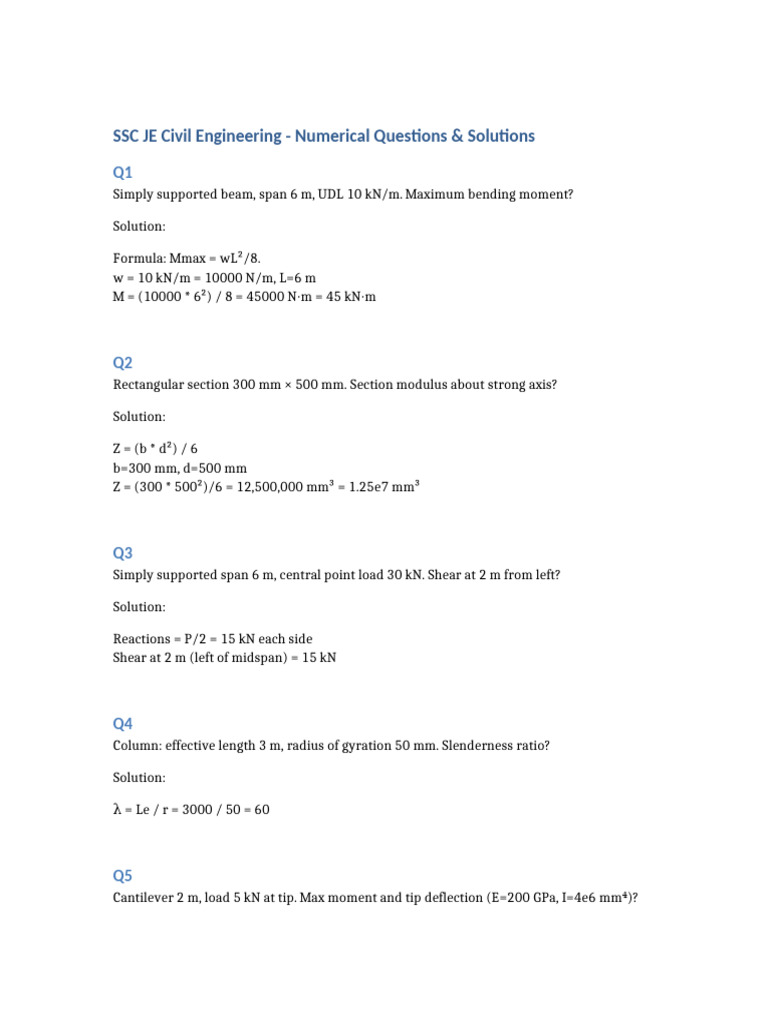 SSC JE Civil Engineering Numerical Solutions | PDF | Beam (Structure ...